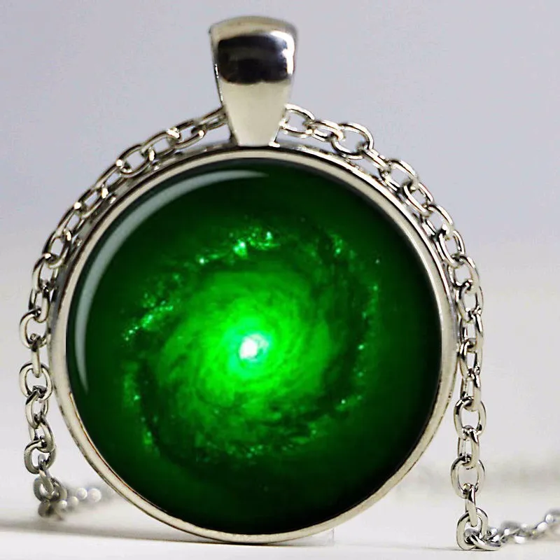 Hot Selling OUTER SPACE JEWELRY Nebula necklace Black & Green Galaxy universe pendant Glass Cabochon Necklace A1095