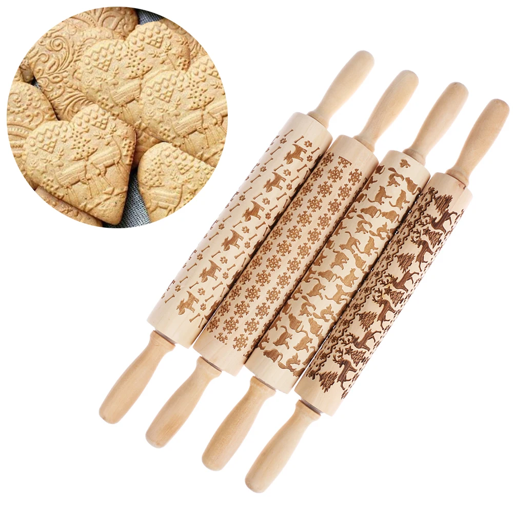 

Christmas Snowflake Elk Embossing Rolling Pin Baking Cookies Noodle Biscuit Fondant Cake Dough Engraved Roller Reindeer