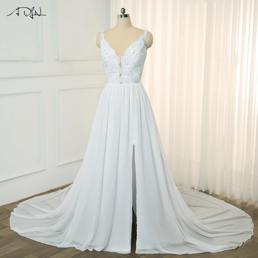 

ADLN Sexy V-neck Sleeveless Wedding Dress with Slit Beading Applique Chiffon A-line Bridal Gown with Detachable Train