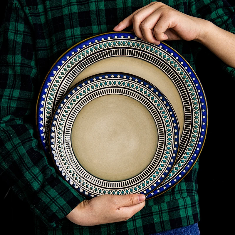 8.5 inches Round Ceramic Steak Food Dish Korean style Retro Tableware Dinner Plate Cup High End Dinnerware | Дом и сад