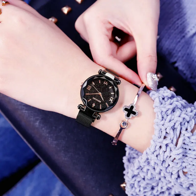 

Starry Sky Watch Rose gold Gem Cut Tik Tok 2019 Best Sell Women Watch Magnet Mesh Strap Montre Femme Bracelet Roman numeral