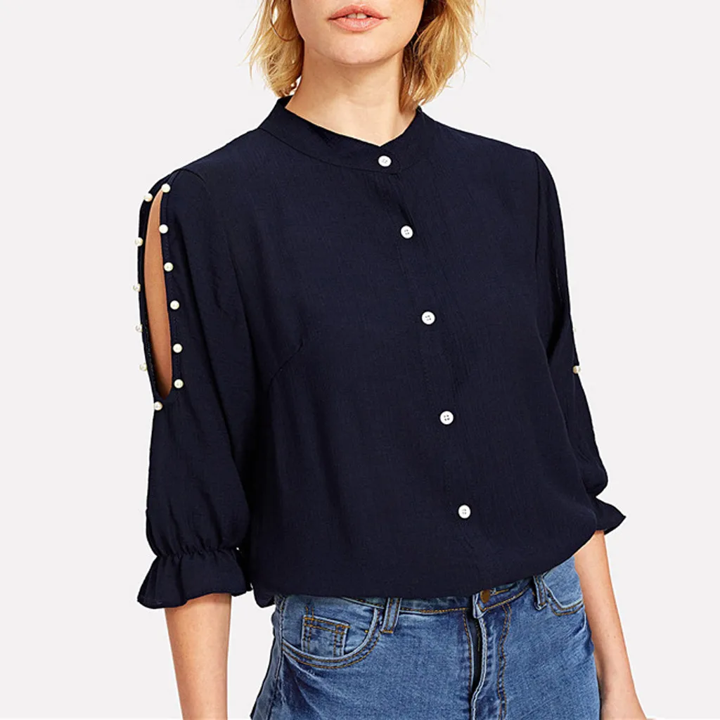 

Womail Tops Women Sexy Solid Color O-Neck Hollow Out Beading Butterfly Sleeve Stand Tops Office Workwear Casual Blouse Jun 17