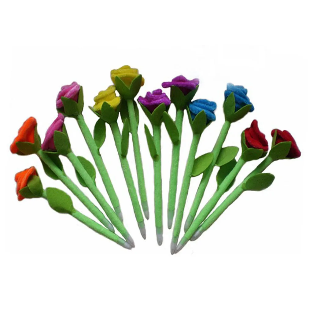 12 Beautiful Plush Roses Flower BALLPOINT Writing Pen Blue Ink Desk Decor Gift