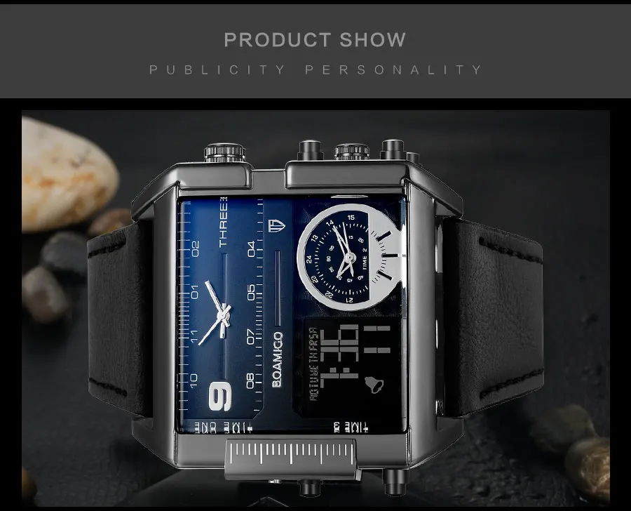 BOAMIGO Brand Fashion Black Dial Man Watch 3 Time Zone Big Rectangle Men Sport Watches Leather Band Calendar Quartz Wristwatches (24)