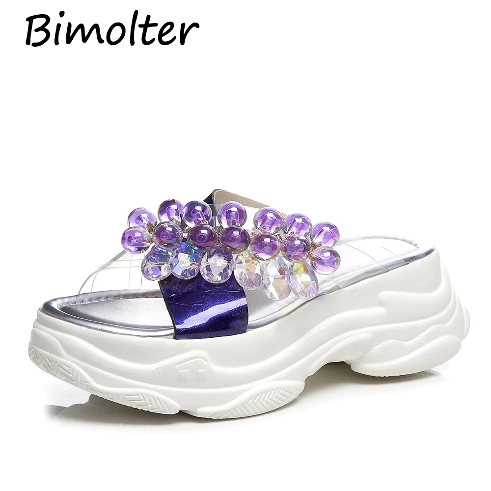 

Bimolter Women Beads Crystal Patent Leather + PVC transparent Slippers Purple Golden Thick Flats With Platform Shoes Summer C085