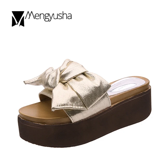 Gold/silver glitter cool slides ladies flip flops mujer summer platform shoes brand sequins bow-knot sandals women wedges shoes