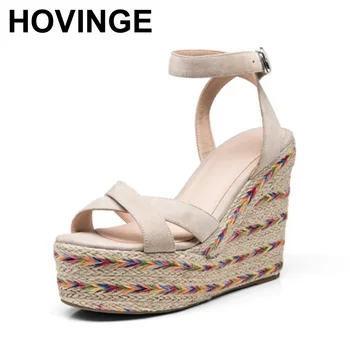 

HOVINGEHigh Heels Women Sandals Summer Gladiator Straw Weave Platform Ladies Shoes Open Toe Wedges Buckle Kid Suede Footwear