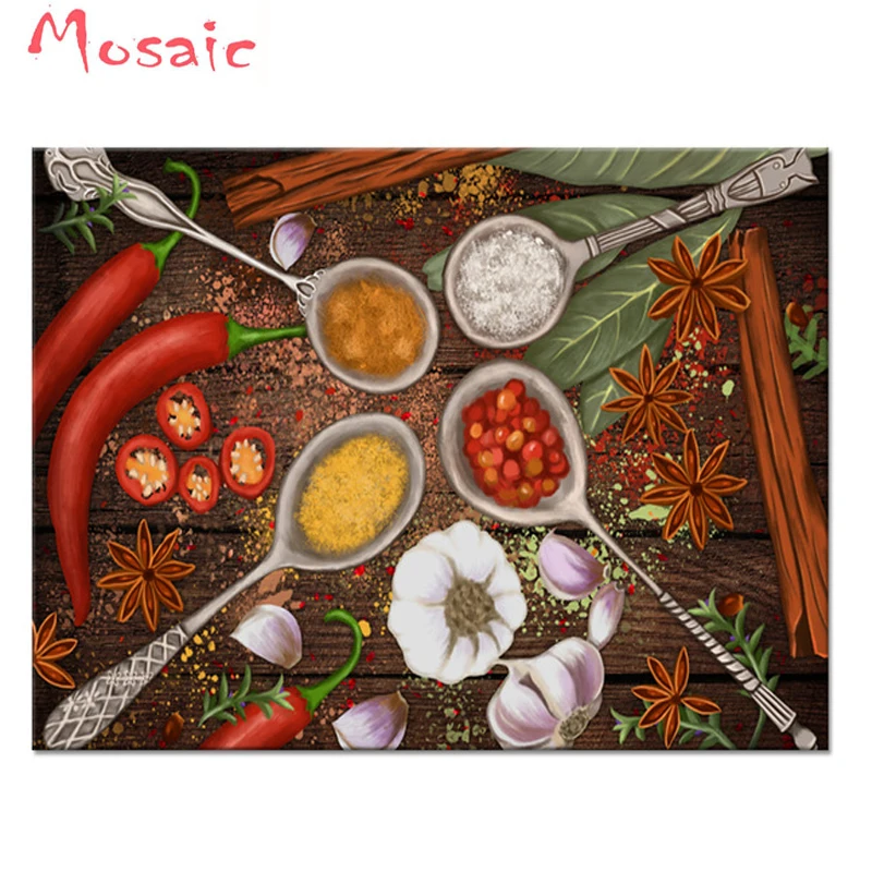 

DIY Diamond Embroidery Spice in Spoon Star Anise Garlic,Square round 5d Diamond Painting Cross Stitch Kit Rhinestones Home Decor