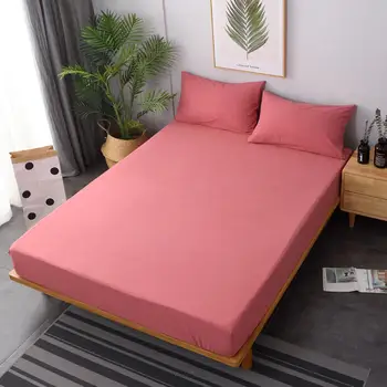 

Quality 100% Cotton Solid Colour Fitted Sheet Mattress Cover +2 Pillowcase Four Corners with Elastic Band Bed Sheet High 25cm