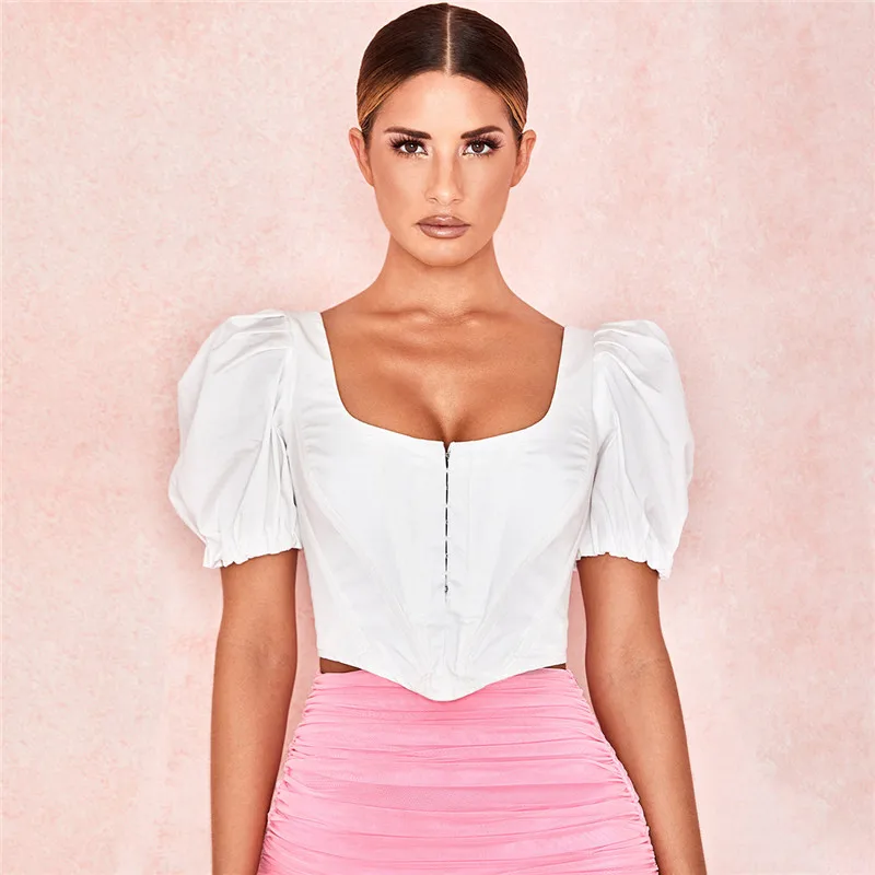 

Pure Color Princess Sleeve Button Diamond Hem Crop Top Slim T-shirt
