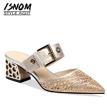 

ISNOM High Heels Slippers Women 2019 New Slides Shoes Woman Summer Strange Style Mules Shoes Female Leather Pointed Toe Shoes