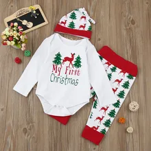 Модный милый Рождественский комплект одежды для новорожденных девочек и мальчиков милый удобный комбинезон+ штаны+ шапка, комплект roupa infantil