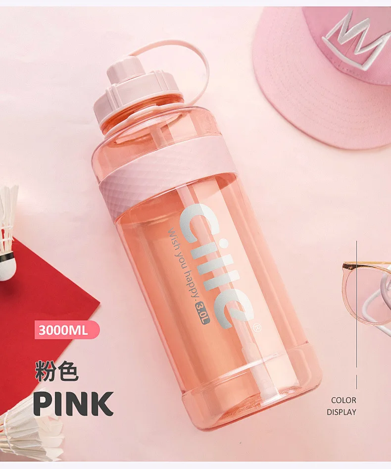 Брендовая Спортивная бутылка для питьевой воды большой емкости с соломинкой пластиковая бутылка для воды BPA свободное пространство 1Л 2л - Цвет: Pink