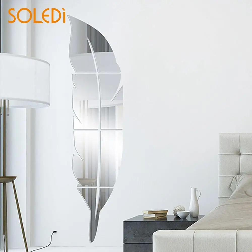

DIY Feather Acrylic Mirror Wall Stickers Home Room Mural Decoration Art Silver