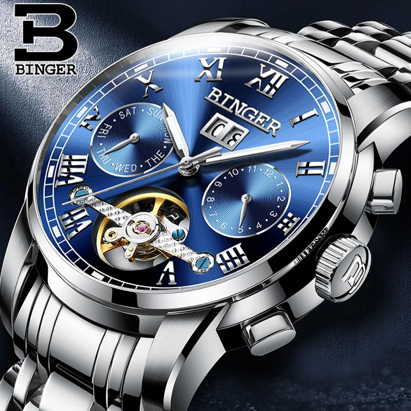 

Switzerland BINGER 2019 New Men Automatic Mechanical Watch Stainless Steel Fashion Luxury Brand Military Tourbillon Sports Watch
