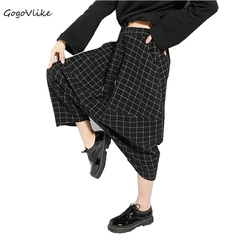 Cross pants baggy 2018 Women Hip Hop Trouser Plaid Oversize Street Pant Harem Dance singer costume Calf Length england LT652S30