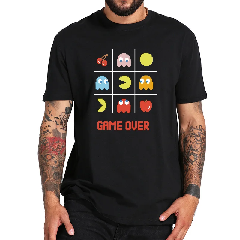 

EU Size 100% Cotton Game Over Classic Official Pacman Retro Game Summer Black Short Sleeved Tshirt