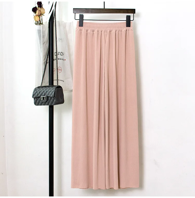 

pant women Summer ice silk knitted wide leg pants female high waist Korean students loose drape nine pants girl thin section