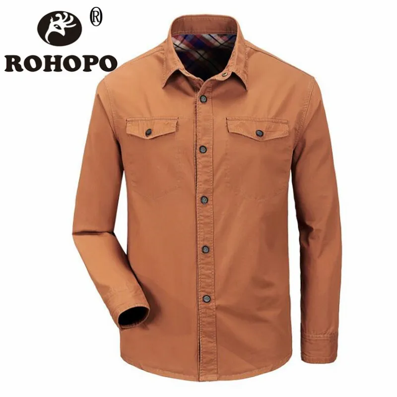 

Brick Red 100% Cotton Fabric Shirt Thick Male Autumn jungle Sportswear Long Sleeve Shirts Solid Top Quality Motor Active Shirt