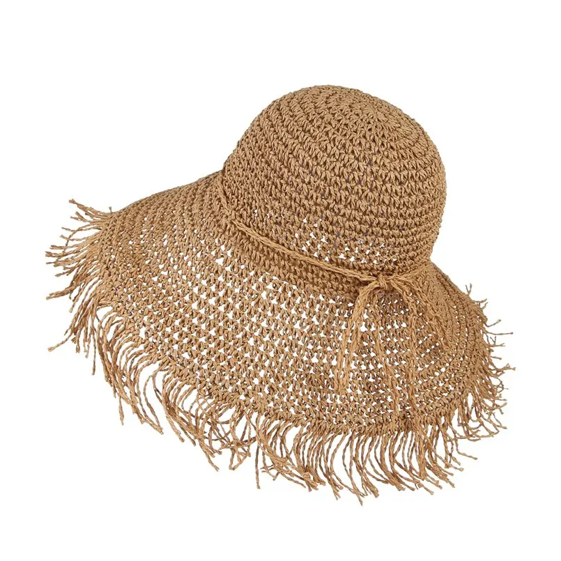 GEMVIE кисточки широкими полями Складная соломенная шляпа для новинки женщин летние Защита от Солнца шляпа выдалбливают тканая бумага пляжная Леди Панама