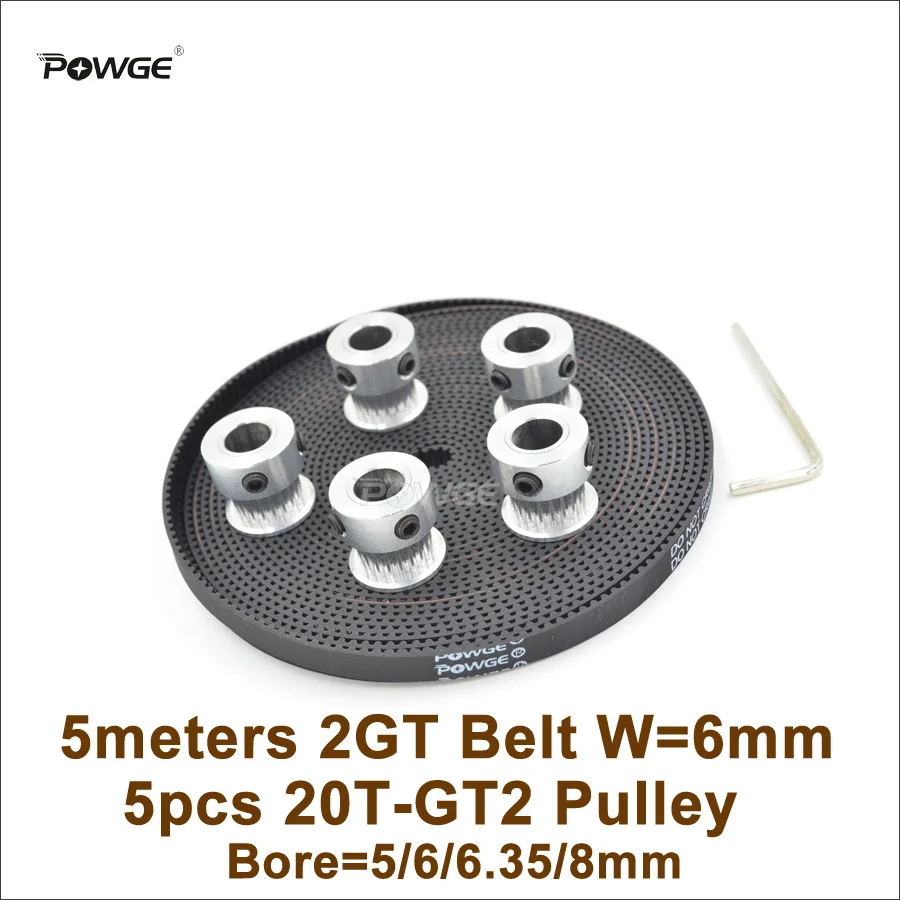 

POWGE 5pcs 20 Teeth GT2 Timing Pulley Bore 5/6/6.35/8mm + 5M GT2 Timing Belt Width 6mm 20Teeth 20T 2GT Pulley 3D Printer Parts