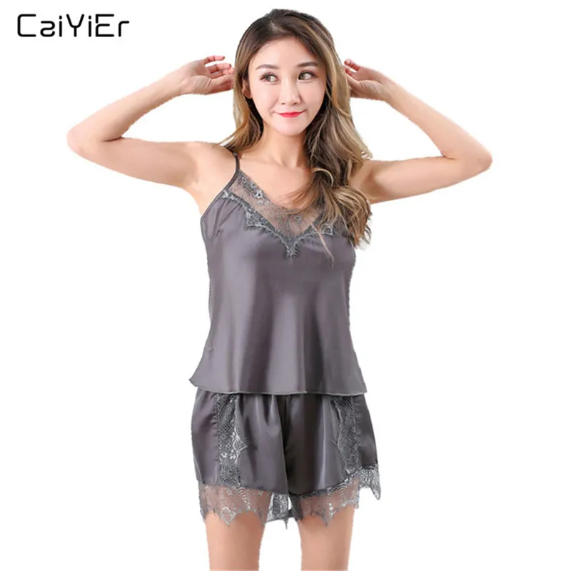 Caiyier Eyelash Lace Silk Pajamas Set Women V Neck Sleeveless Pajamas 2018 Sexy Sheer Lingerie 