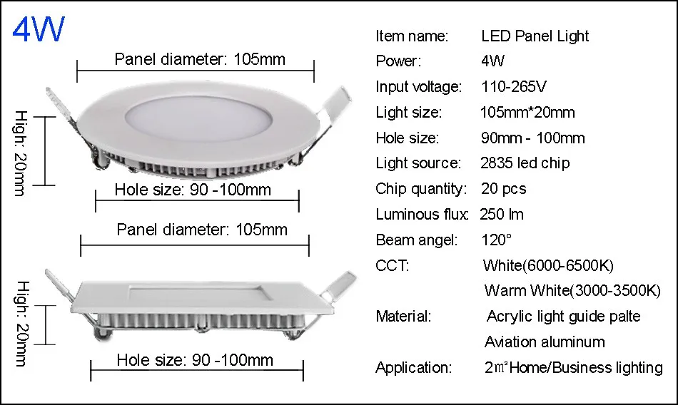 Светодиодный Панель вниз светильник 3 Вт, 4 Вт, 6 Вт, 9 Вт, 12 Вт, 15 Вт, 18 Вт, 24 Вт, круглый/квадратный Встраиваемый светодиодный потолочный светильник AC85-265V светодиодный Панель светильник