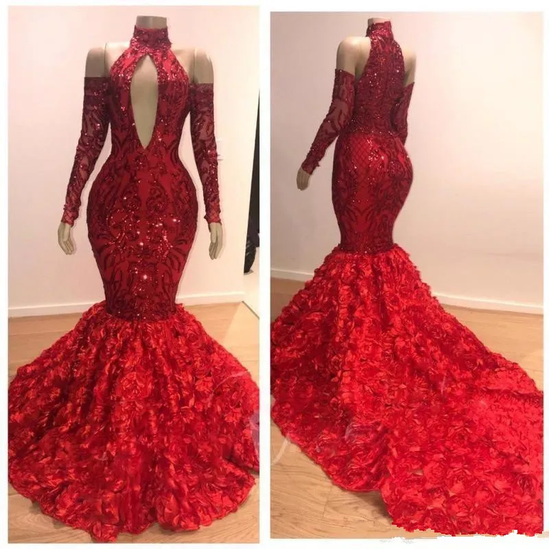 

Charming Mermaid Red Prom Dresses 2019 Ruched Rose Court Train Evening Dress High Neck Off Shoulder Long Sleeves Party Dress