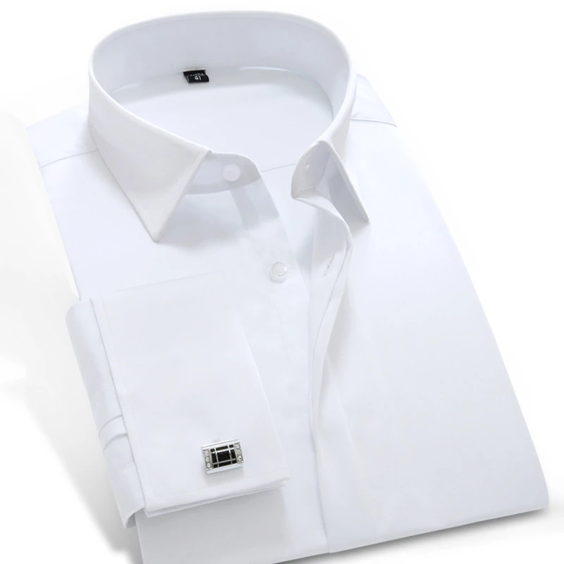 2017 Men s Long Sleeved French Cuff Solid Dress Shirt Spread Collar 100 Cotton Soft Slim