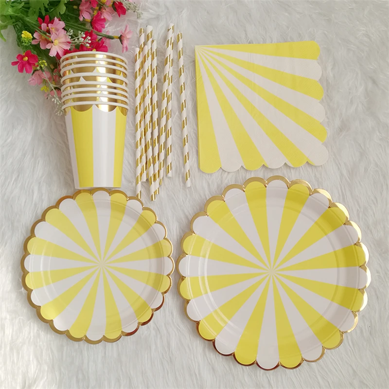 

8 Sets Disposable Paper Plates Cups Napkins Straws Tableware Foil Gold with Yellow Stripe Birthday Baby Shower Bridal Shower