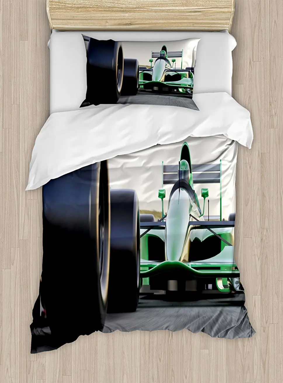 

Cars Duvet Cover Set Motorized Sports Theme Indy Cars on Asphalt Road with Motion Blur Formula Race, 4 Piece Bedding Set