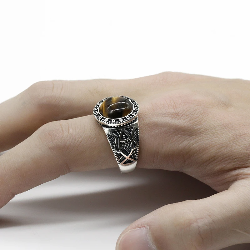 Настоящее чистое 925 пробы Серебряное античное турецкое кольцо для мужчин с камнем тигровые глаза оникс красочные панк рок ювелирные изделия