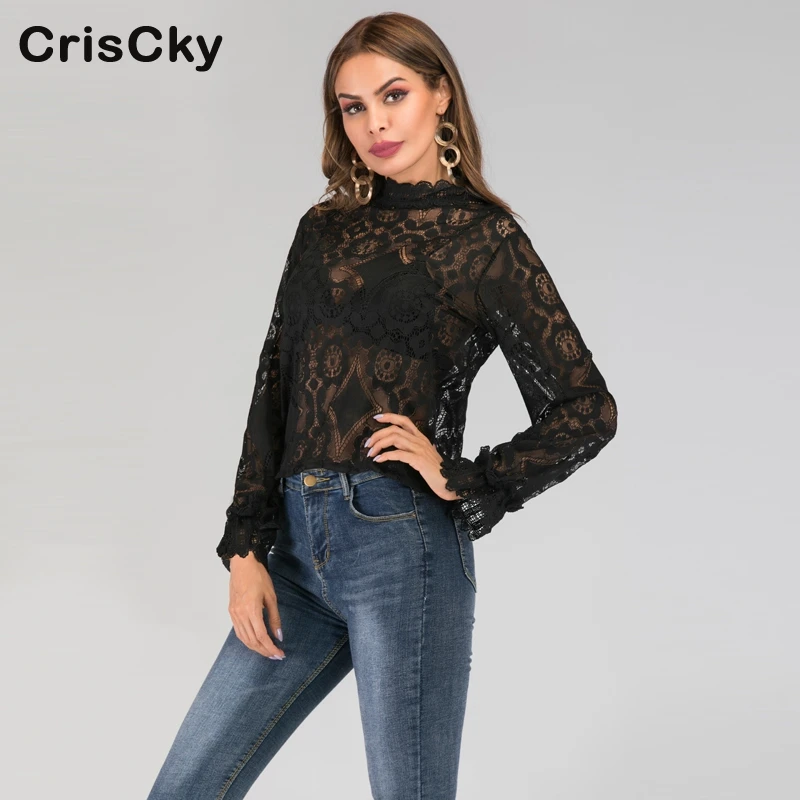 CRISCKY 2019 элегантные топы и блузки женские кружевные белые рубашки со стоячим