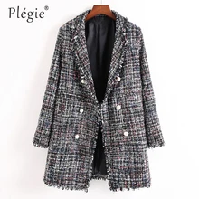 Plegie винтажный шикарный клетчатый твидовый женский пиджак Новая мода искусственный жемчуг двубортный лацкан с длинным рукавом элегантное женское пальто