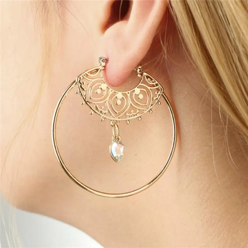 Женские серьги кольца Boho круглые геометрические золотого цвета с каплями