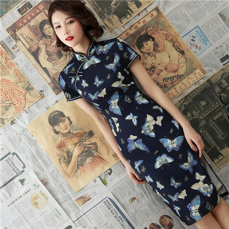 Китайский традиционный стиль Чонсам элегантное женское платье ручной работы на пуговицах воротник-стойка сексуальное короткое платье Размер s-xxxl