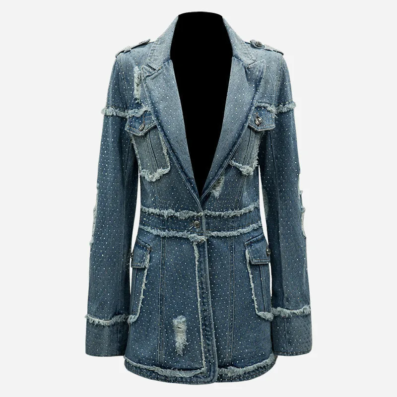 

Expensive New 2019 High Street Turn Low-collar All-naked Sleeve Blue Jeans Wash Borlas Belt Unique Broken Trench Diamond V931