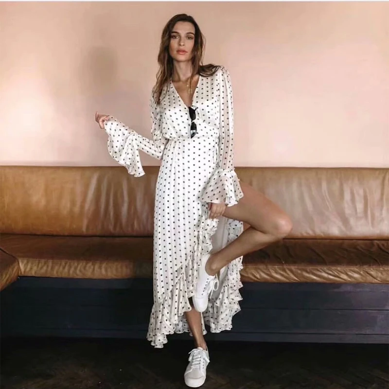 

High Street Summer Beige Vintage Polka Dot Print Dresses Sexy Party with V-neck Long Sleeves Wrap Dress Asymmetrical Women Dress