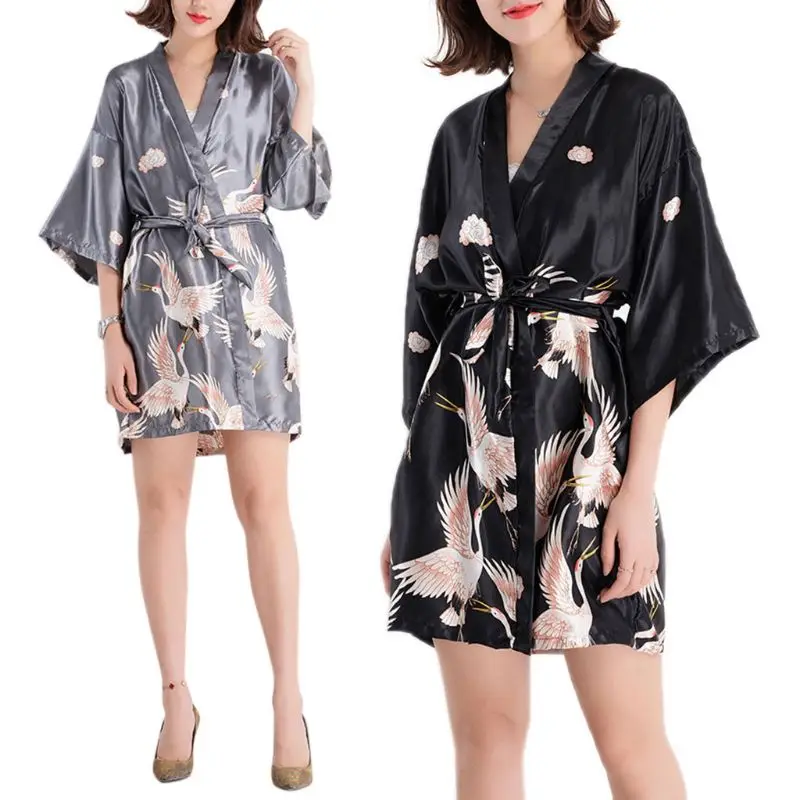 Womens Half Sleeve Kimono Wrap Robe Ice Silk Open Front Bathrobe Red