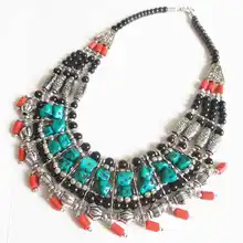 TNL575 тибетские ювелирные изделия многослойное бисерное ожерелье имитация бирюзы самородки лэмпворк бусины из Непала