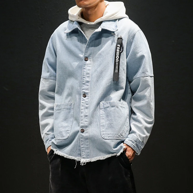 

5XL-M Autumn New Jeans Men Jackets Long Sleeve Plus Size Front Pocket Design Denim Coat Man Loose Casual Windbreaker Jacket Blue