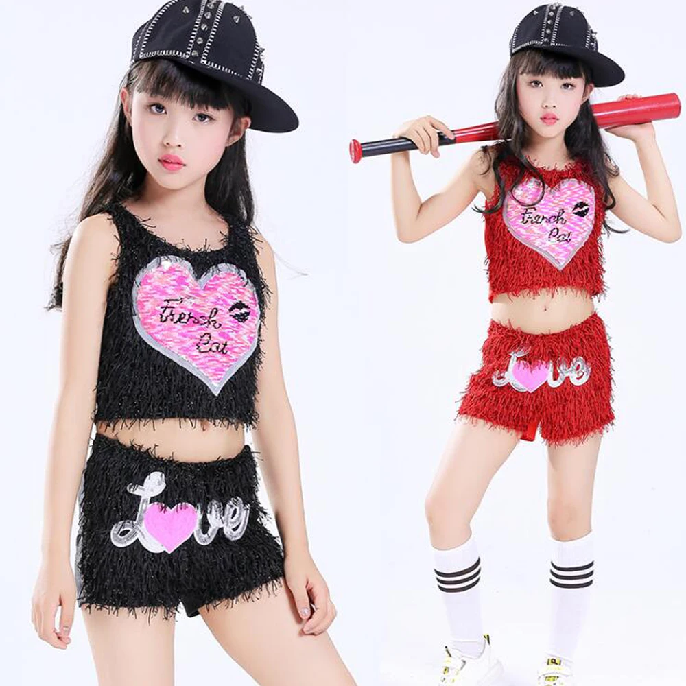 Children Jazz Dance Costumes Tops+Pants Girls Dance Sequined Party Show