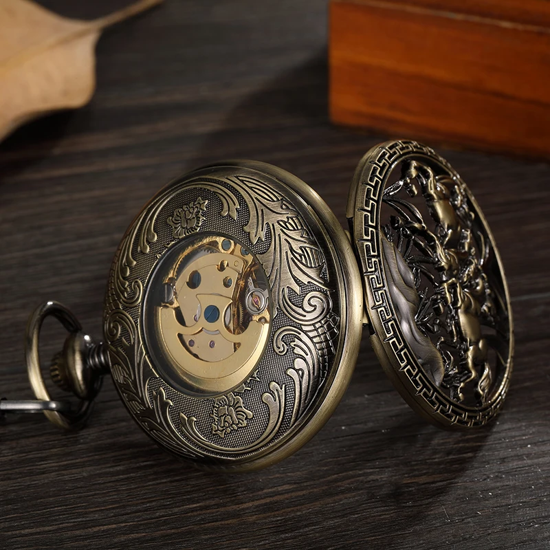 Goede Retro Holle Paard Ontwerp Zakhorloge Mens Unieke FOB Ketting Romeinse Wijzerplaat Steampunk Brons Skeleton Mechanische Hand Wind Mannen Horloge