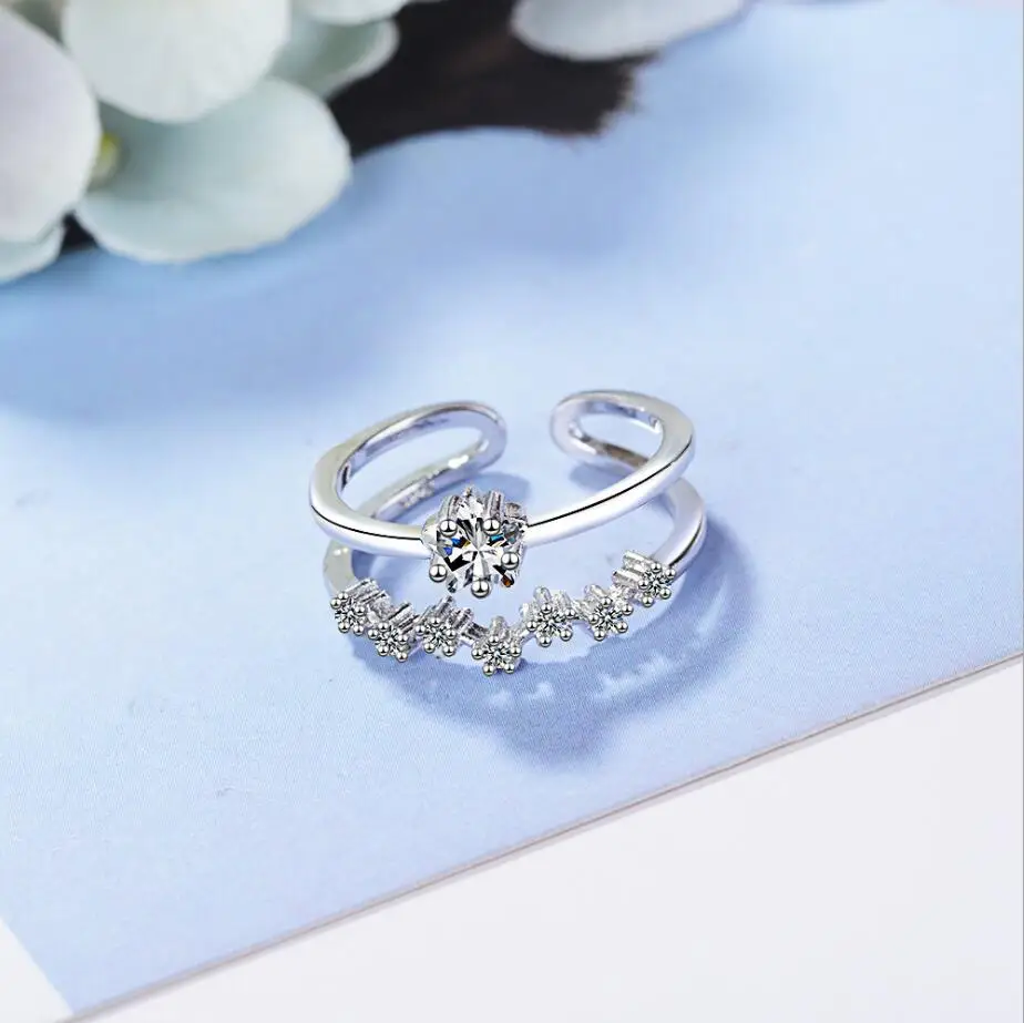 

MEEKCAT New Fashion Fresh Double-layer Temperament 925 Sterling Silver Jewelry Five-pointed Star Crystal Opening Rings SR388