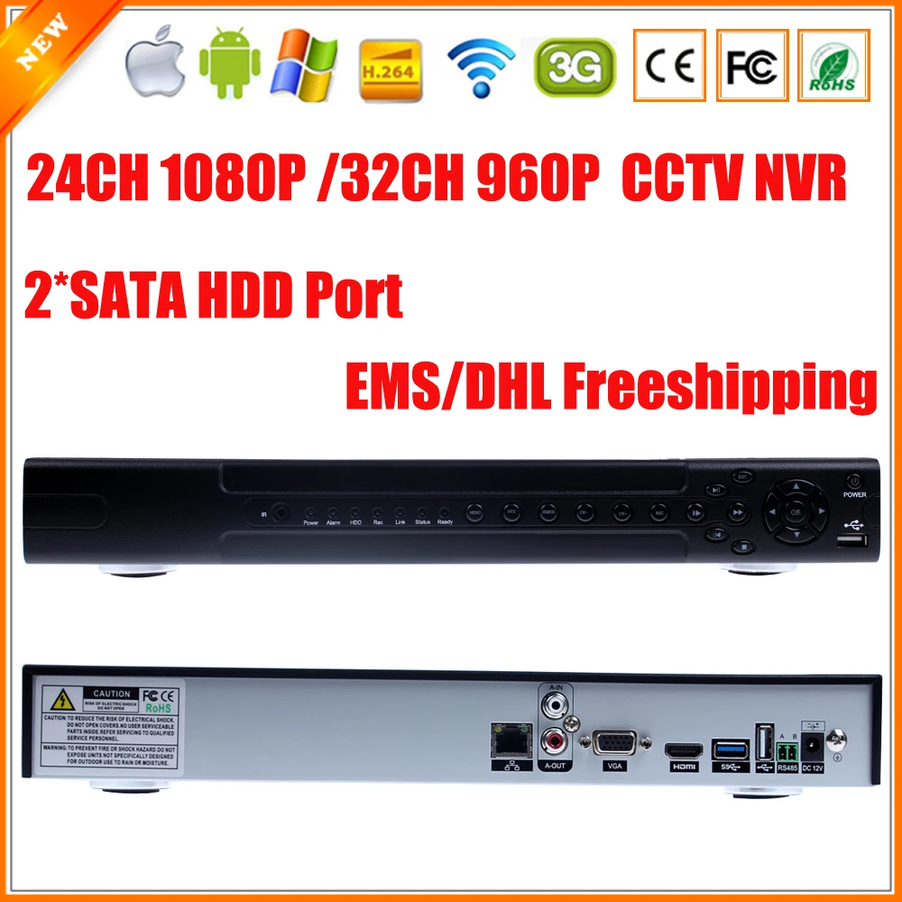 FULL HD 24 Channel 1080P CCTV NVR 32CH 960P NVR 2 SATA HDD Ports XMEYE ONVIF P2P Motion Detection HDMI VGA CCTV Video Recorder 