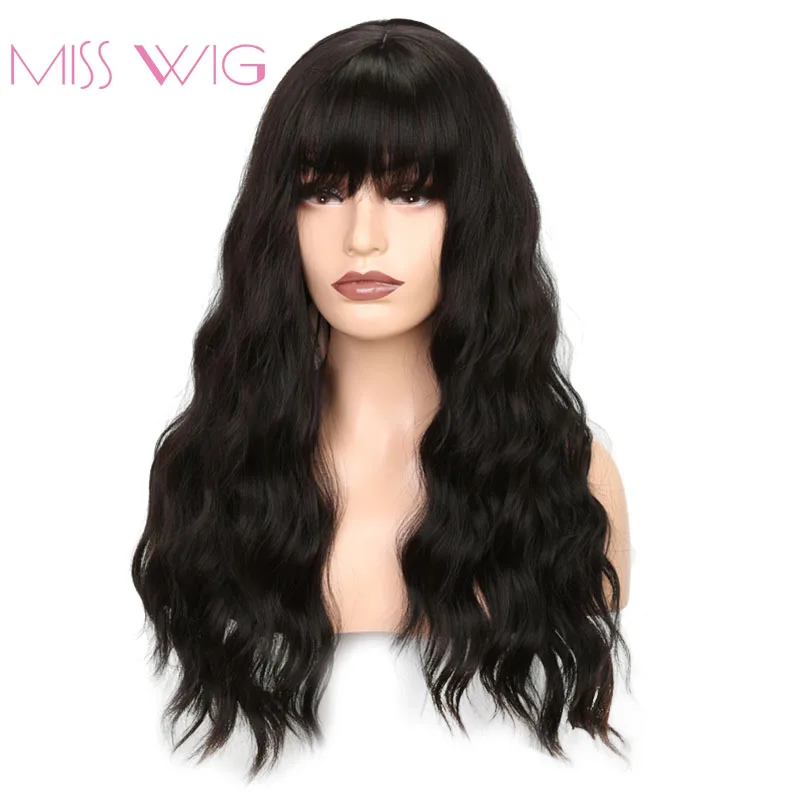 Comprar MISS peluca pelucas largas onduladas para mujeres negras pelo sintético Afro Americano pelucas marrones grises con flequillo peluca resistente al calor