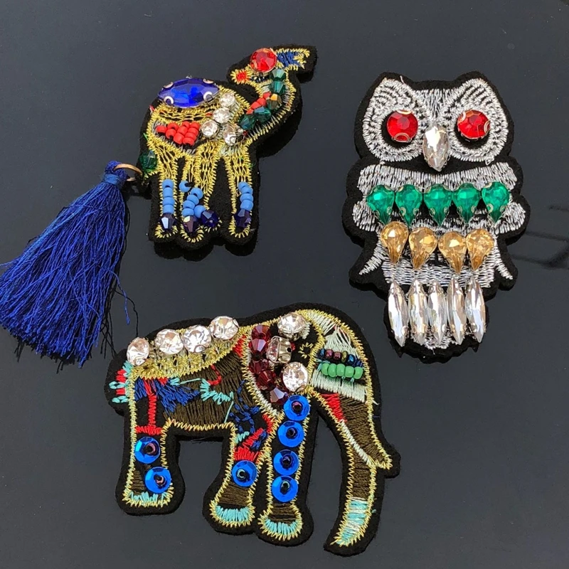 

Handwork Beaded Elephant Patches Sew On Owl Patches For Clothes DIY Accessory Decoration Easy Print By Household Camel Applique