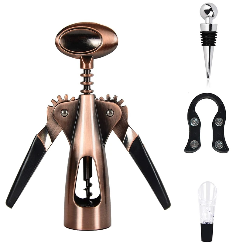 

Wing Corkscrew Wine Bottle Opener Set With Beautiful Box With Wing Corkscrew, Wine Pourer, Foil Cutter And Wine Stopper, Gold
