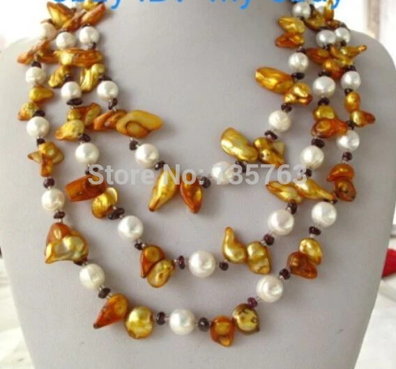 

HOT 0014317 Golden White Freshwater Pearl & Garnet Necklace 59