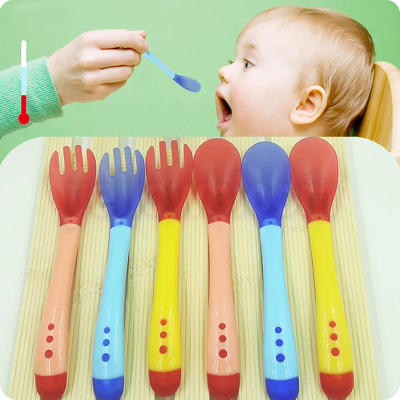 

Baby Temperature Sensing Spoon and Fork Safety Silicone Feeding Flatware Baby Feeder Utensils Feeding Spoon Tableware